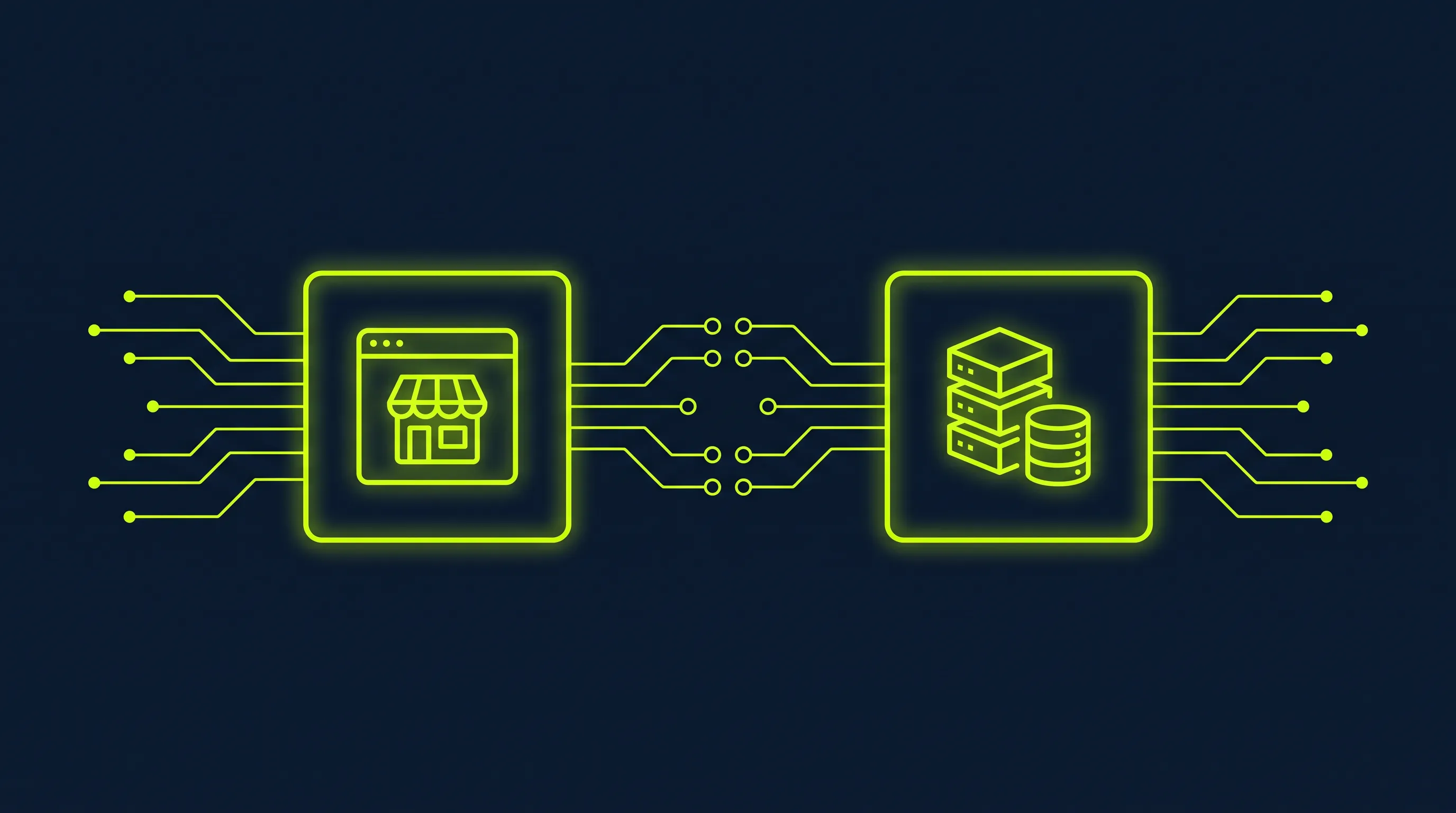 Headless Commerce Architektur: Entkoppeltes Frontend und Backend mit API-Verbindungen auf dunklem Hintergrund mit Electric-Lime-Akzenten