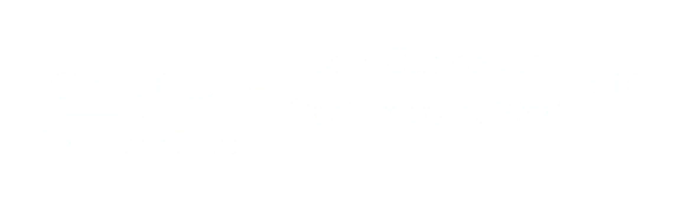 Churn Rate equals Lost Customers divided by Customers at Start times 100