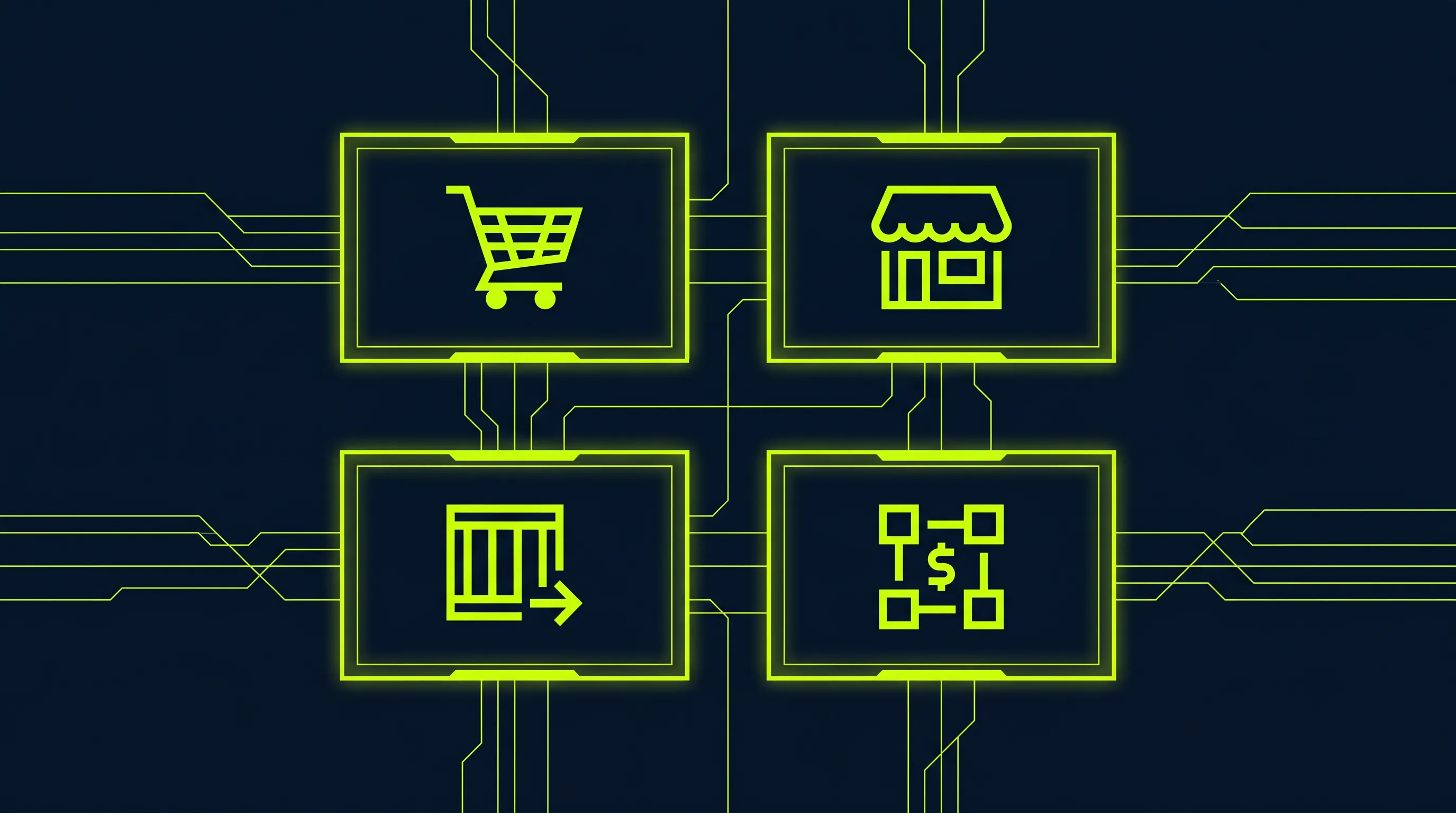 E-Commerce-Plattform auswählen 2026: Abstraktes Entscheidungsraster mit vier Plattform-Panels in Deep Navy und Electric Lime