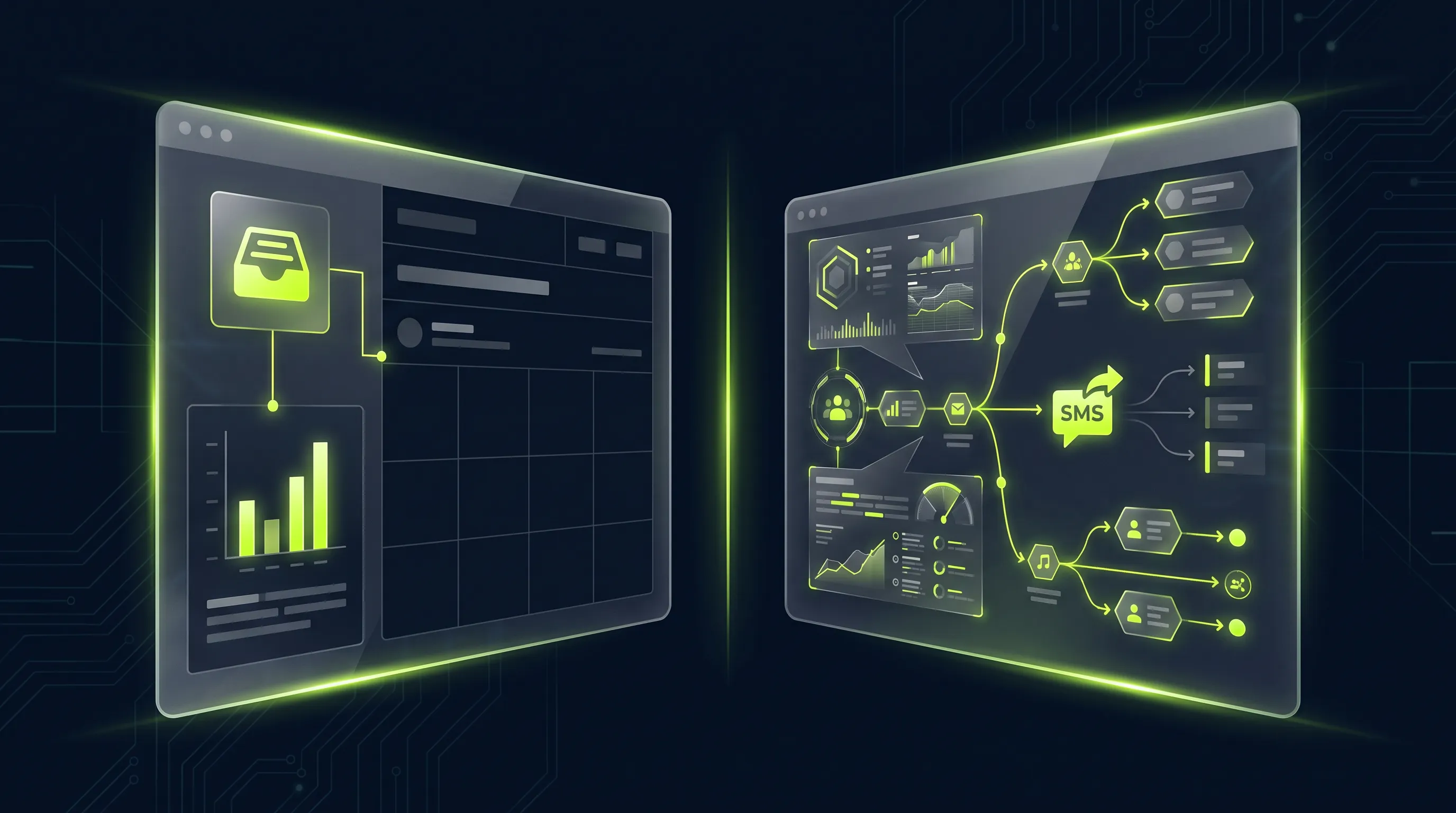 Klaviyo vs. Shopify Email: two email marketing dashboard panels compared side by side on a dark background with electric-lime accents