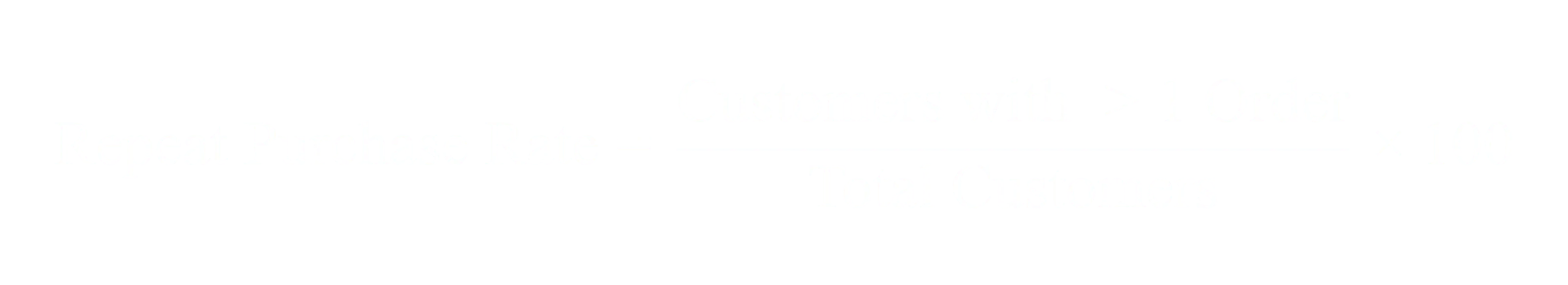 Repeat Purchase Rate equals Customers with more than one Order divided by Total Customers times 100