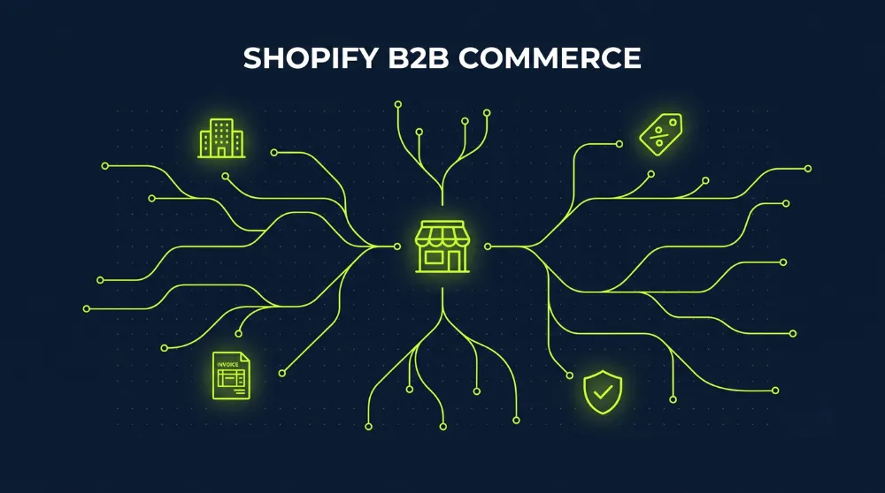 Shopify B2B Netzwerk-Diagramm: Zentraler Shop verbunden mit Firmenprofilen, Preislisten, Rechnungskauf und Freigabe-Workflow