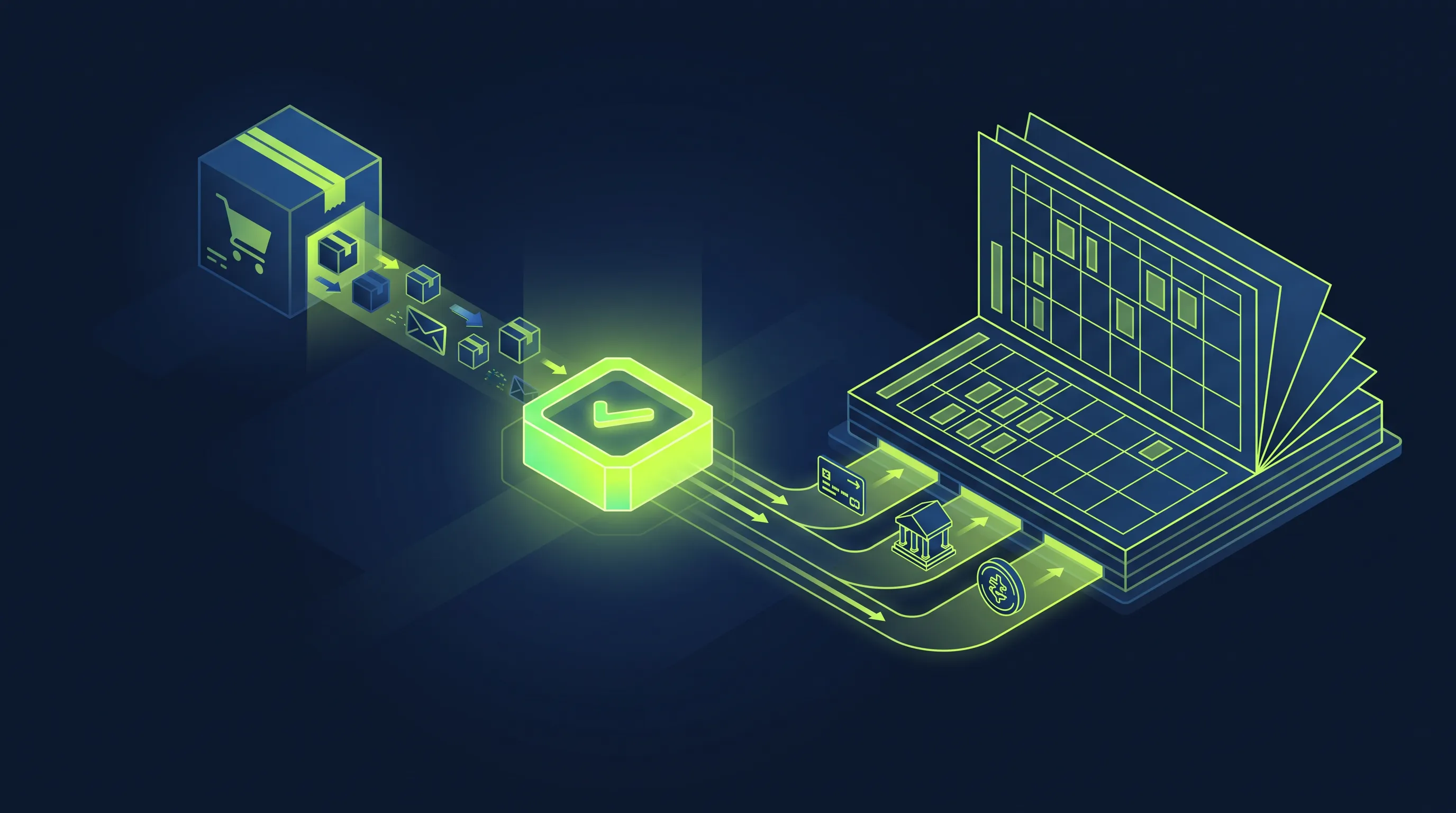 Shopify Buchhaltung und DATEV-Export: Isometrische Illustration eines automatisierten Datenflusses von Bestellungen über eine Abgleich-Schnittstelle in ein DATEV-Buchungsjournal