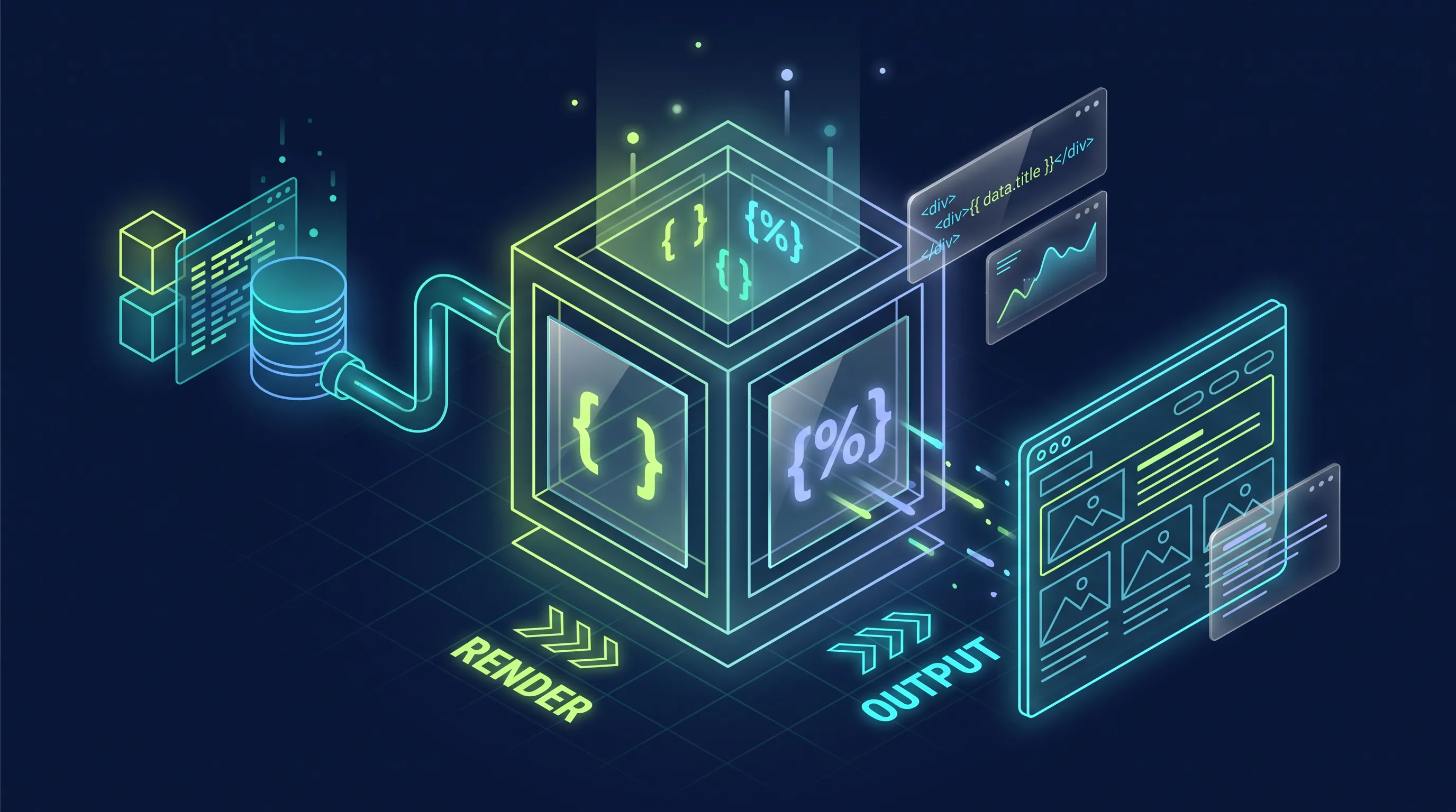 Shopify Liquid Rendering-Prozess: Isometrische Illustration eines Template-Engine-Würfels mit Liquid-Syntax, der Datenbank-Inhalte in eine fertige Webseite umwandelt