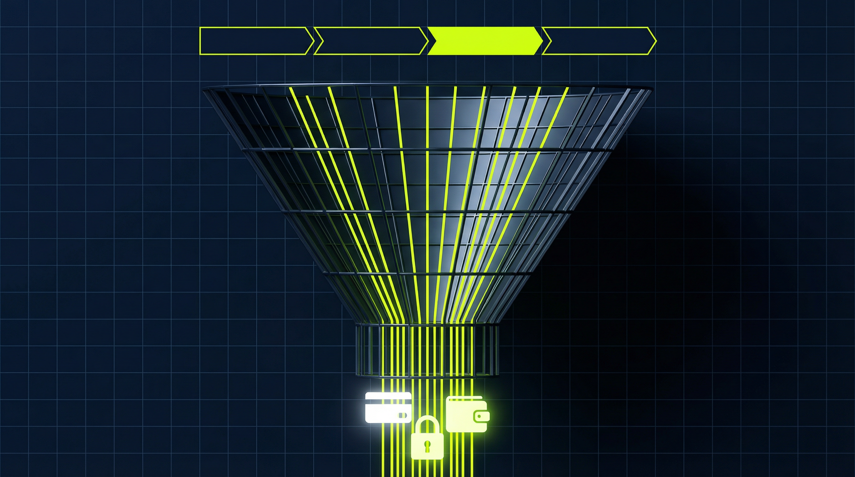 Geometrischer Conversion-Funnel mit elektrisch-limonengrünen Lichtströmen auf tiefem Dunkelblau