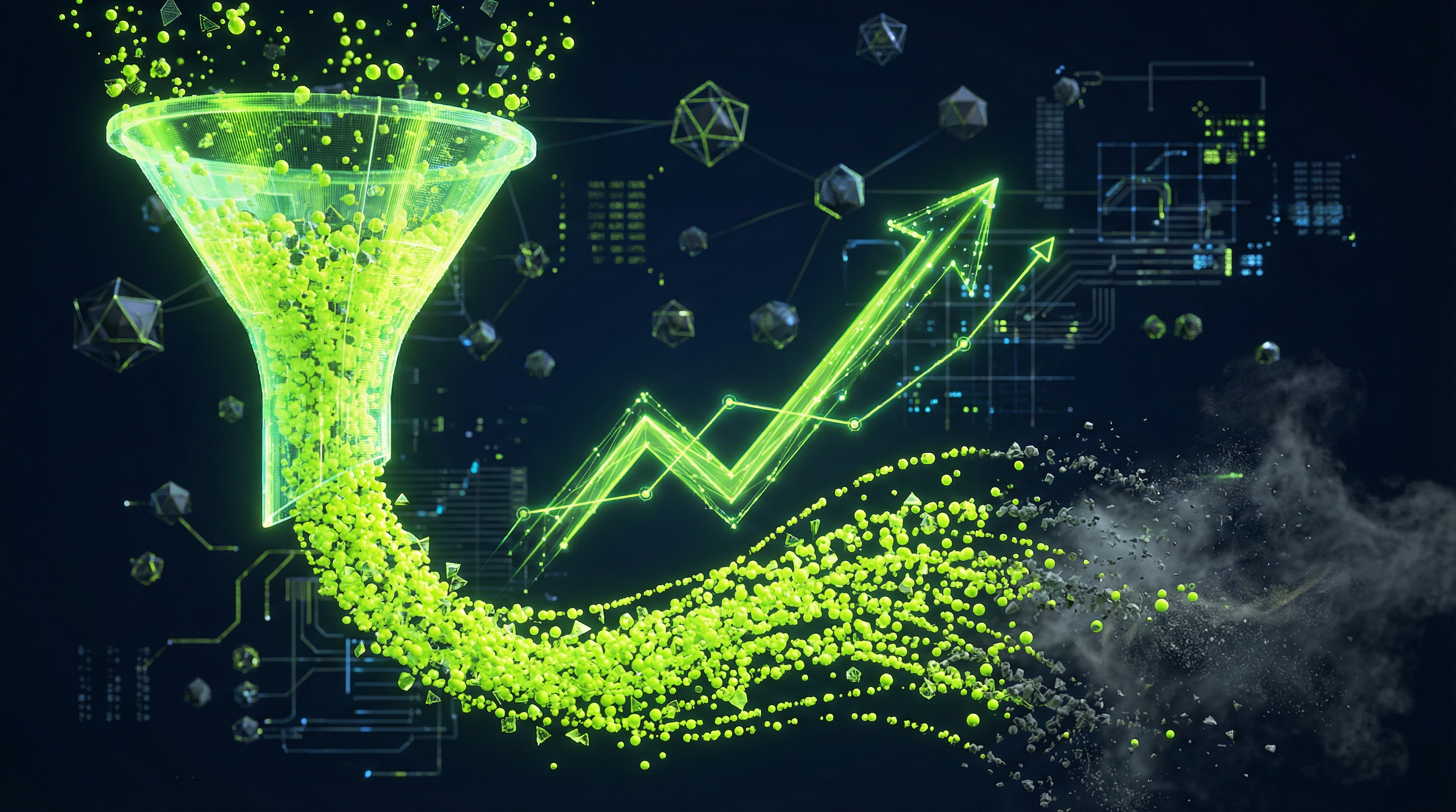 Churn Rate im E-Commerce — abstrakte Datenvisualisierung zeigt Kundenstrom und Abwanderung, symbolisiert Churn-Analyse und Kundenbindung