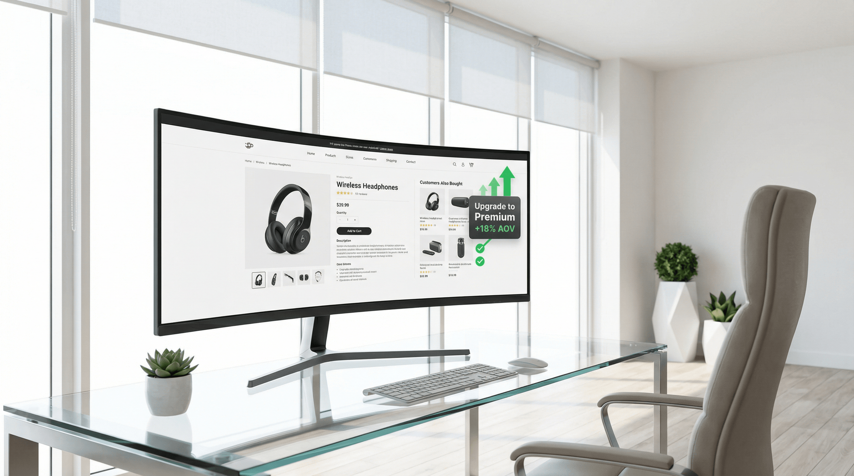 E-Commerce-Dashboard mit Upselling-Empfehlungen und steigendem AOV auf Curved Monitor im hellen Büro