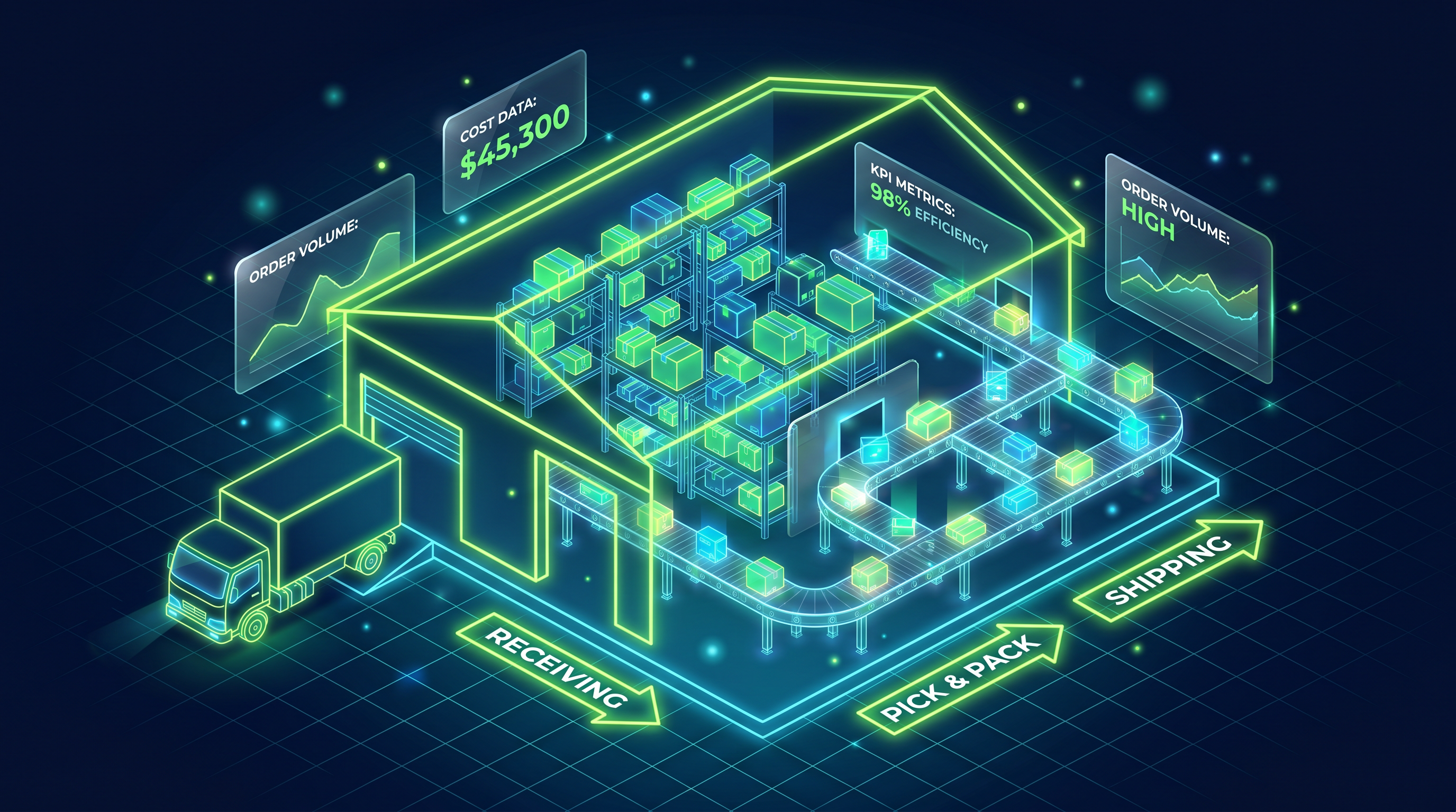Fulfillment outsourcen: Kostenvergleich Eigenversand vs. 3PL-Dienstleister — Dashboard mit Pick & Pack Pipeline, Break-Even-Analyse und KPI-Übersicht im Cyber-Look