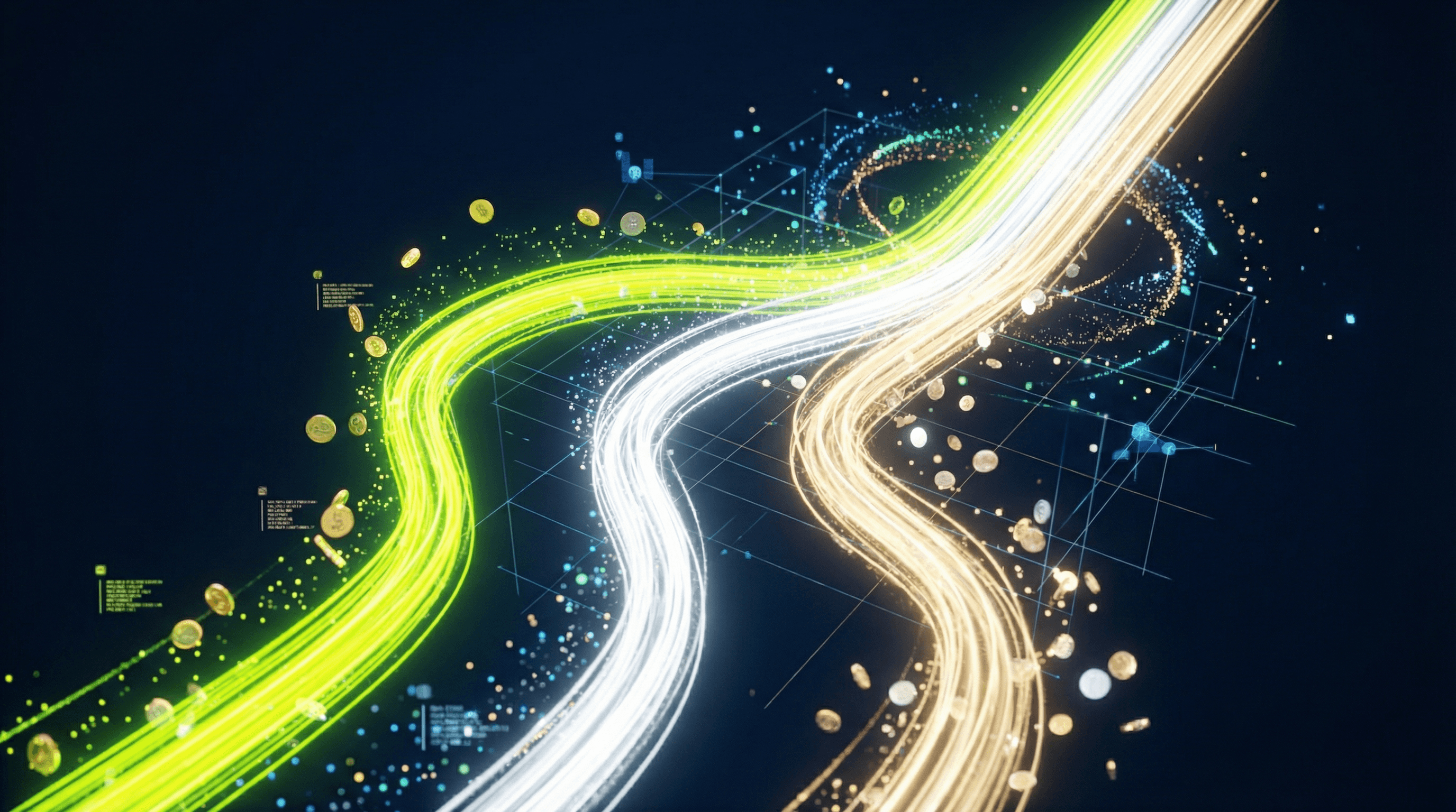 Paid Owned Earned Media — drei Medienströme fließen zusammen, symbolisiert das PESO-Framework für E-Commerce-Marketing