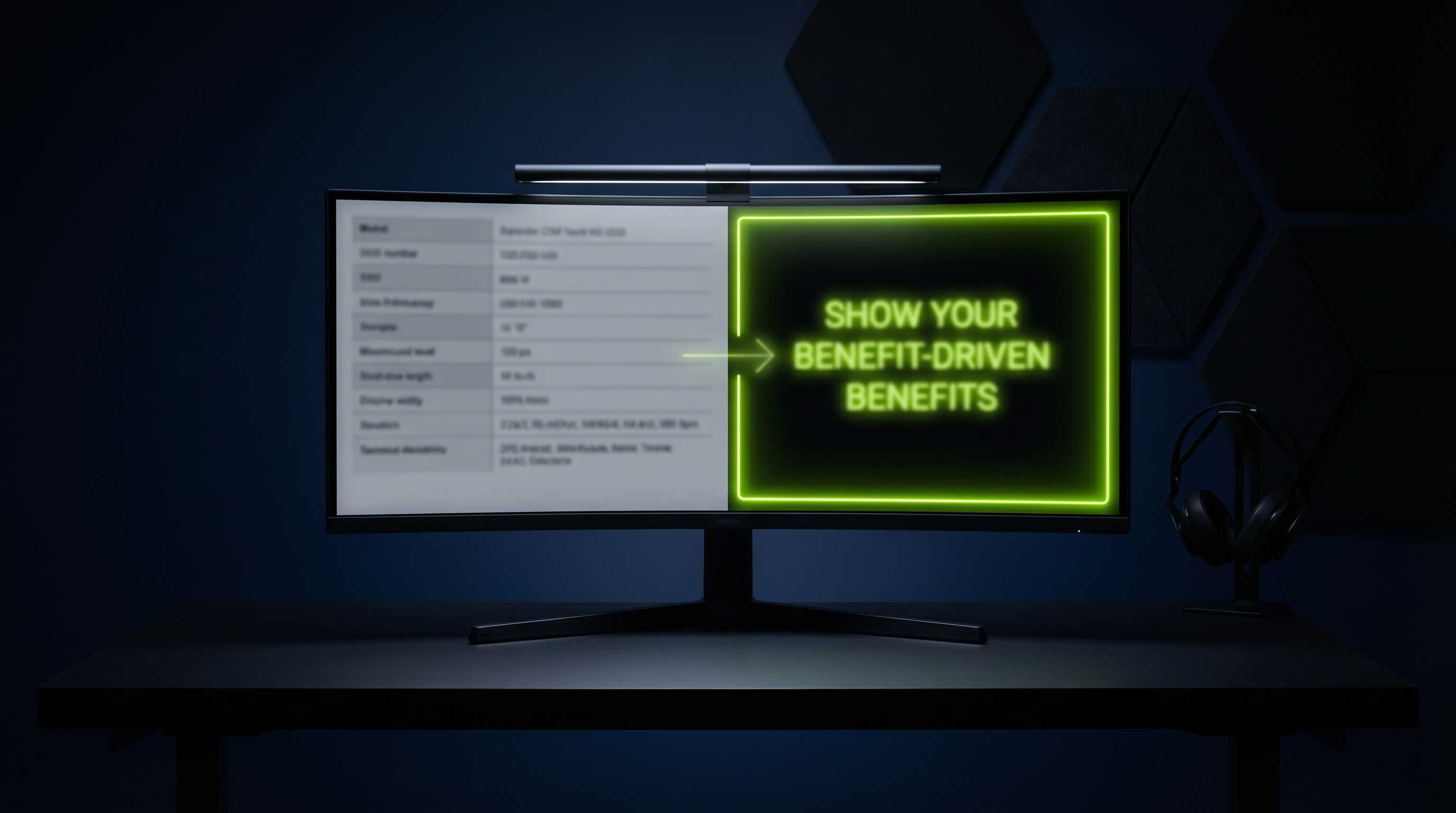 Monitor zeigt eine optimierte Produktbeschreibung mit Feature-to-Benefit-Transformation und SEO-Onpage-Kennzahlen auf dunklem Hintergrund