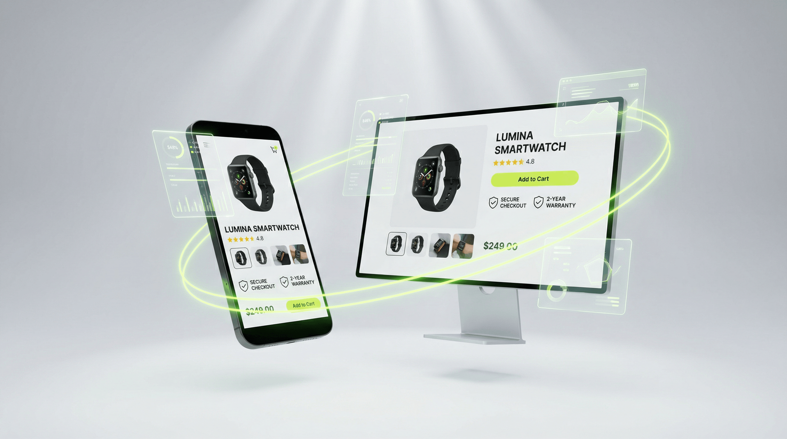 Shopify Produktdetailseite auf Curved Monitor mit steigenden Conversion-Rate-Kurven und Add-to-Cart-Button im hellen Büro