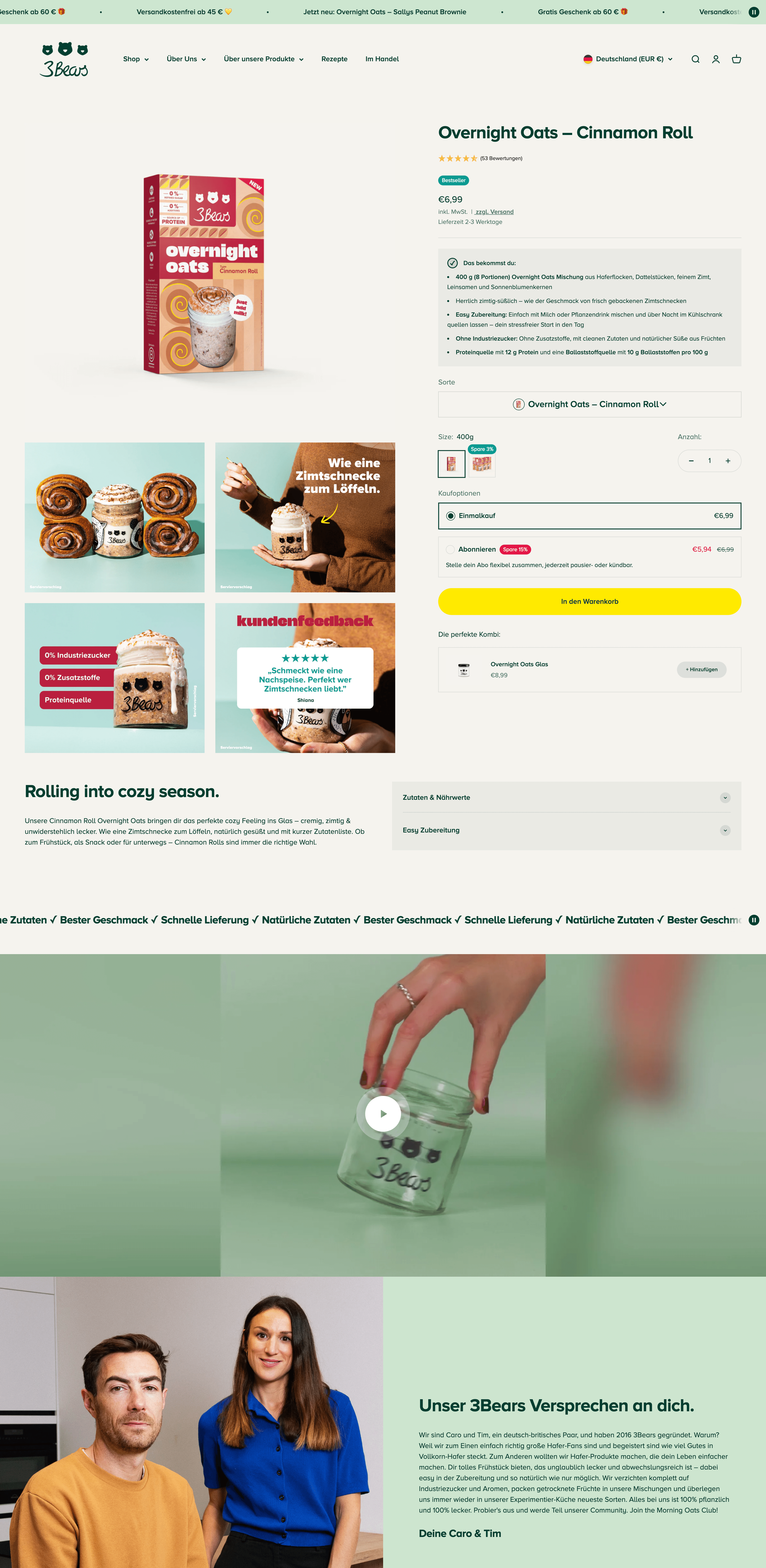 3Bears Overnight Oats product page screenshot with reviews, USP strip, founder section and upsell