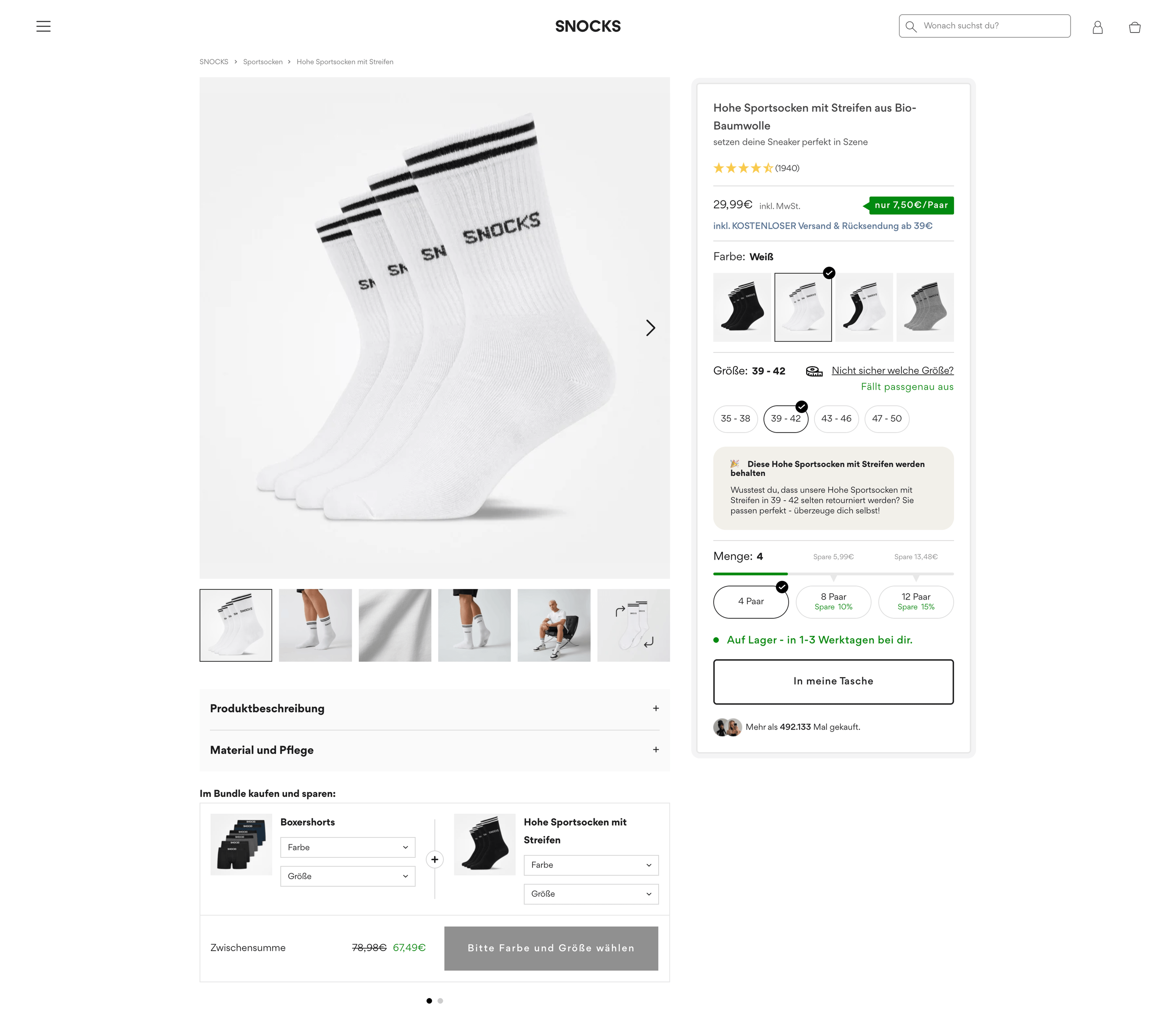 Snocks socks product page screenshot with bundle selection, reviews and trust badges