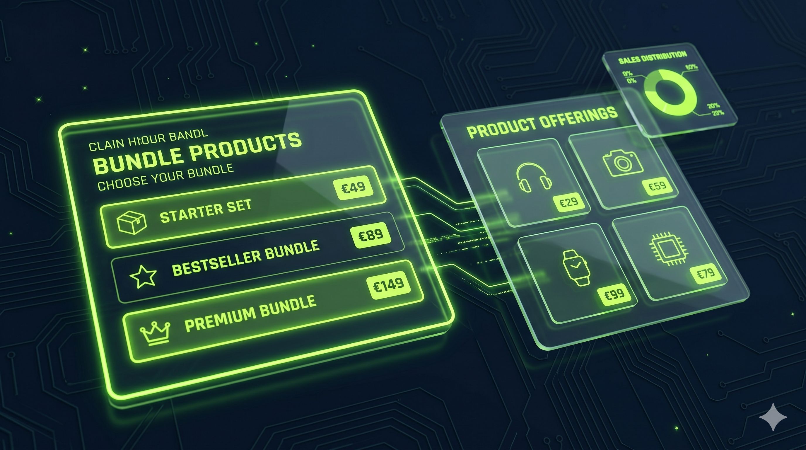 Shopify Bundle erstellen: Isometrische Darstellung von Produktpaketen mit neon-grünen Verbindungen und E-Commerce-Dashboard