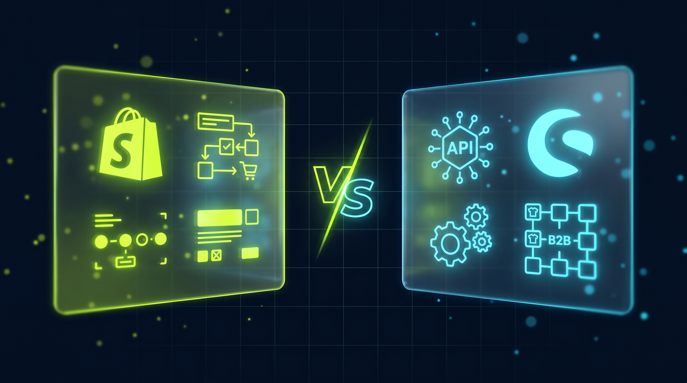 Shopify Plus vs. Shopware: Zwei E-Commerce-Dashboard-Panels im Direktvergleich auf dunklem Hintergrund mit Electric-Lime-Akzenten