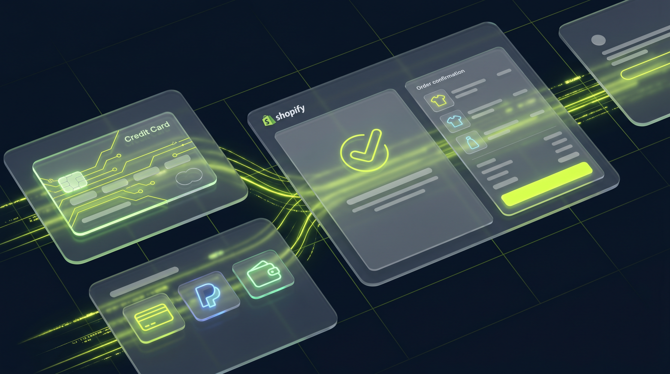 Glassmorphism Darstellung eines Shopify Checkout-Tests mit schwebenden UI-Panels, Bestellbestätigung, Kreditkarten und elektrisch-limonengrünen Lichtakzenten auf tiefem Dunkelblau
