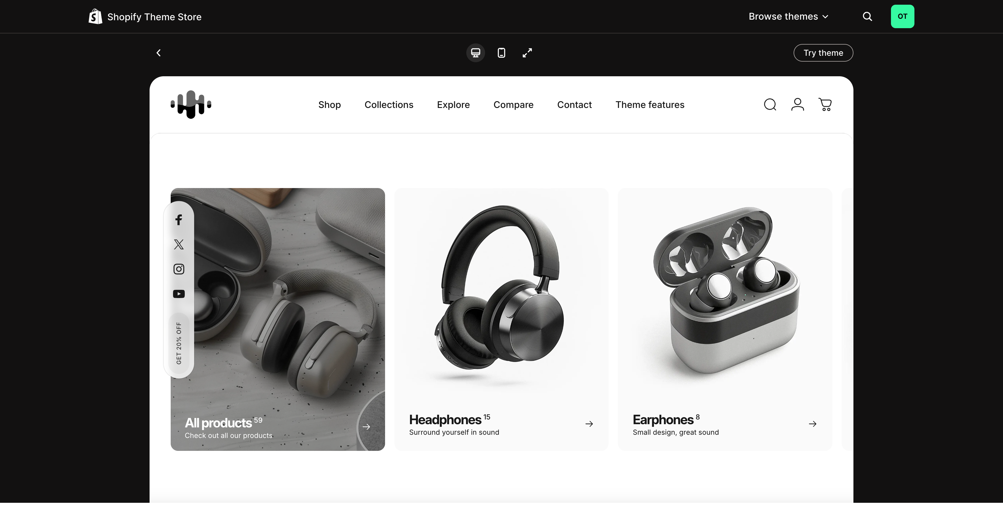 Shopify Theme Store Demo-Vorschau — polierter Demo-Shop mit Desktop- und Mobile-Ansicht