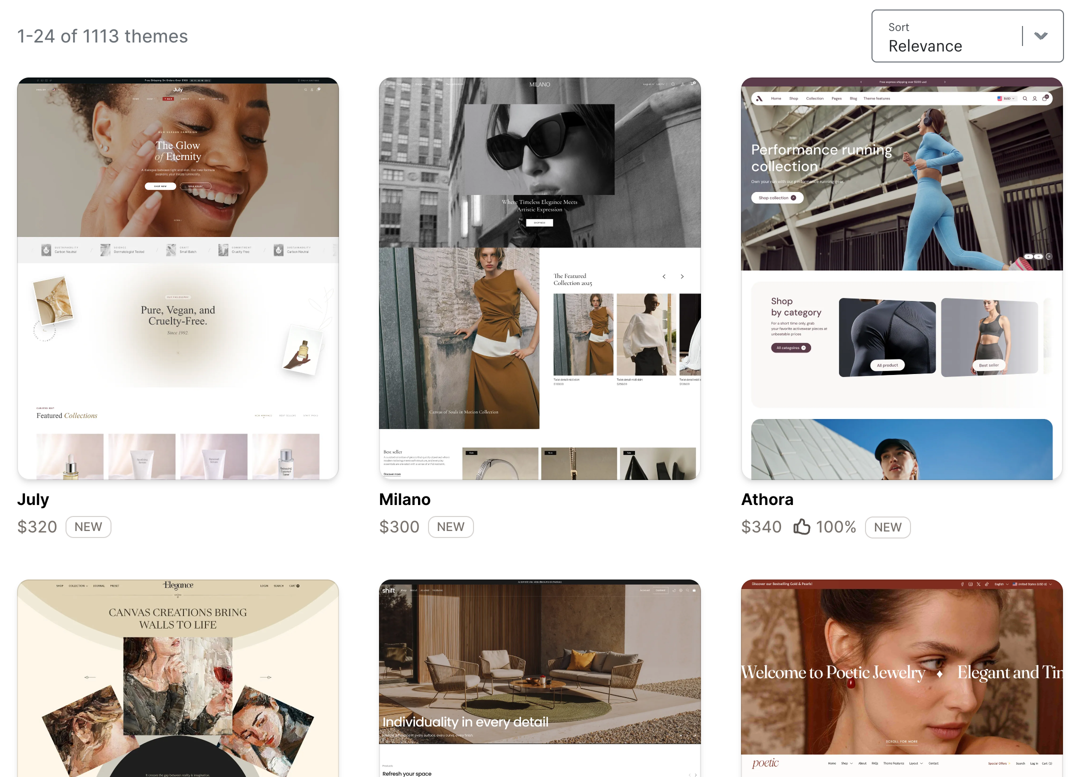 Shopify Theme Store 2026 — Übersicht mit über 1.100 verfügbaren Themes, sortiert nach Relevanz