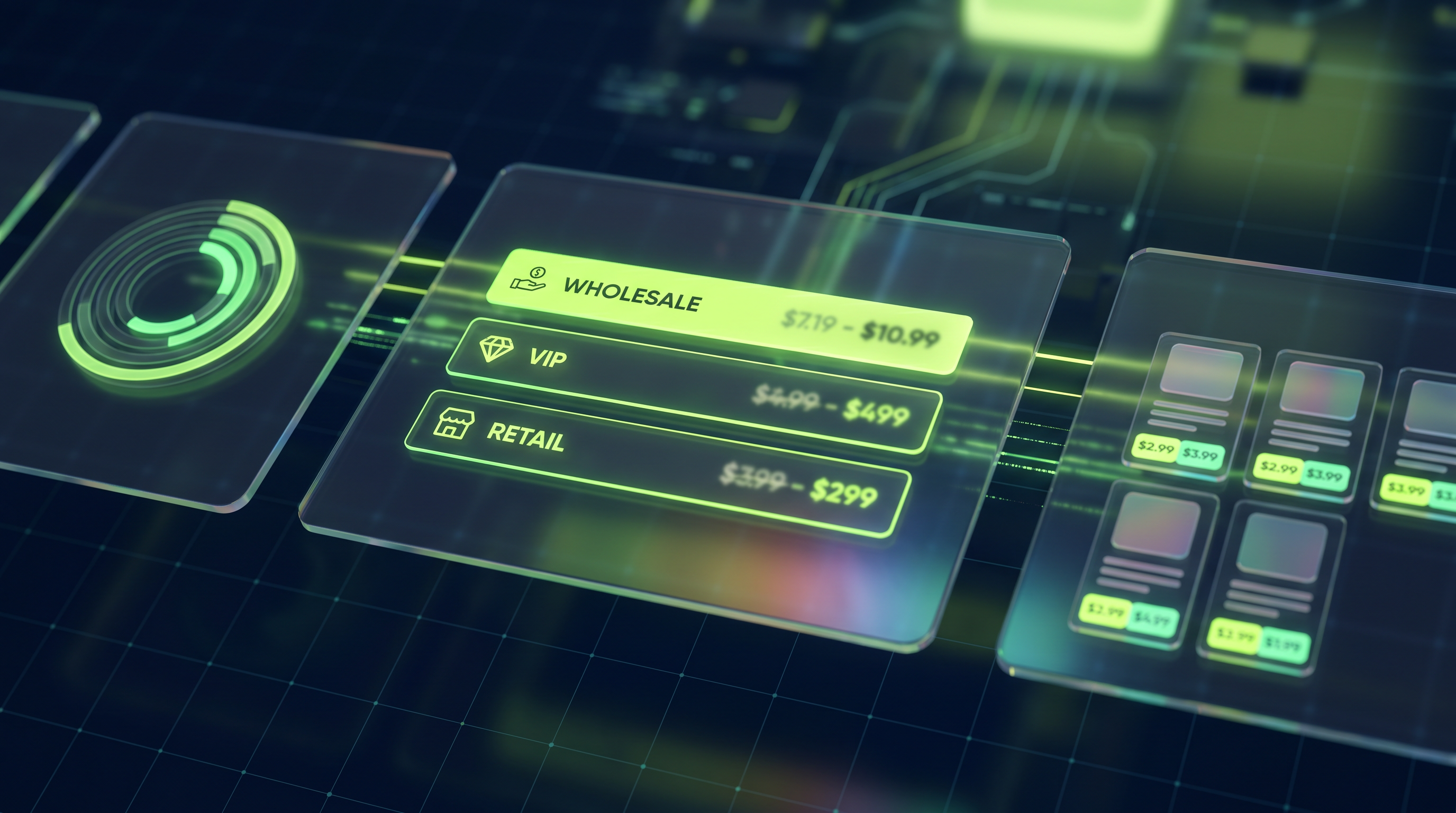 Glassmorphism-Dashboard mit schwebenden Preisgruppen-Panels für Wholesale, VIP und Retail auf tiefem Dunkelblau mit Electric-Lime-Akzenten