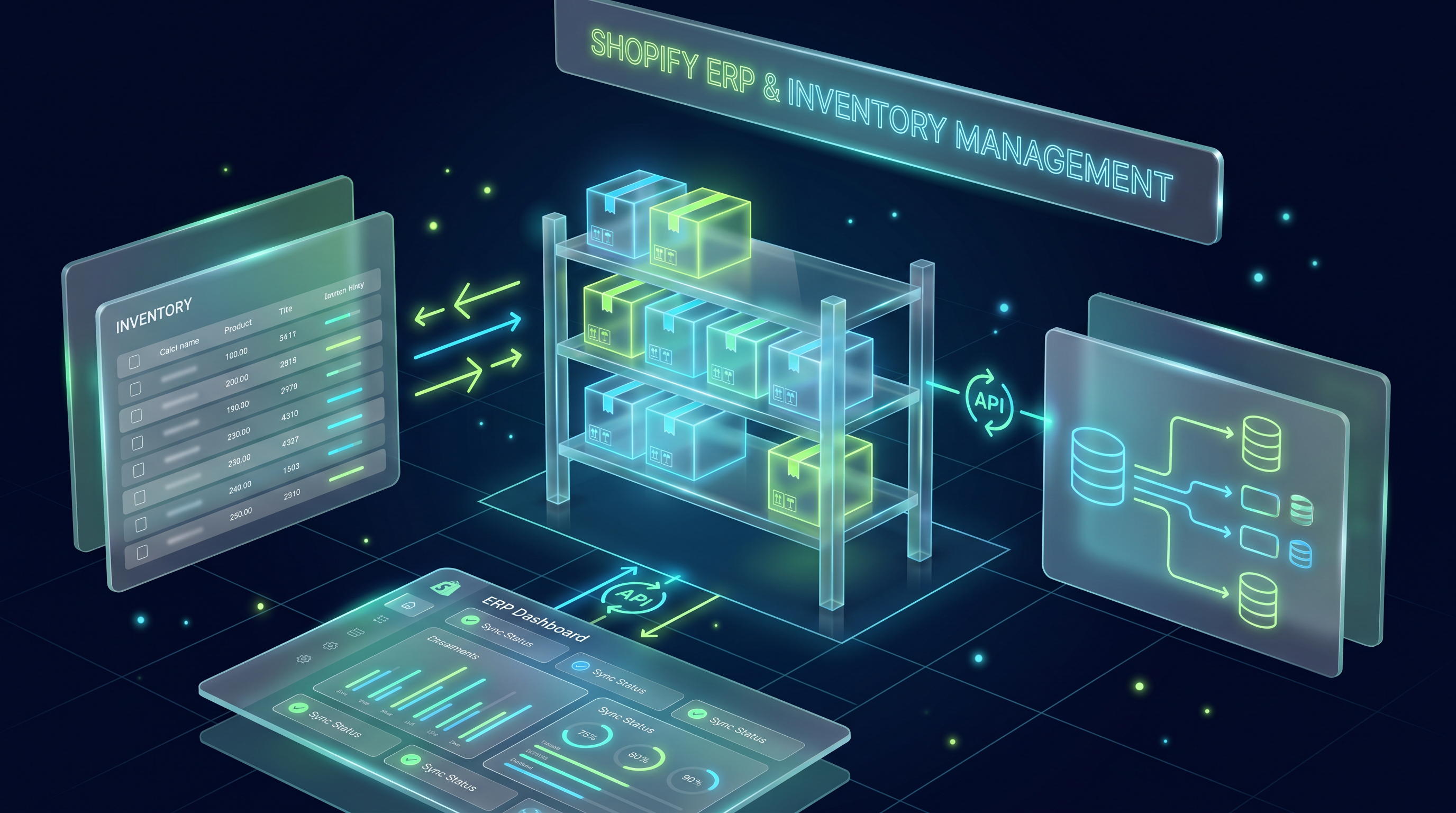 Glassmorphism visualization of a Shopify ERP system with glowing data flows, floating UI panels and inventory overview in a cyber aesthetic