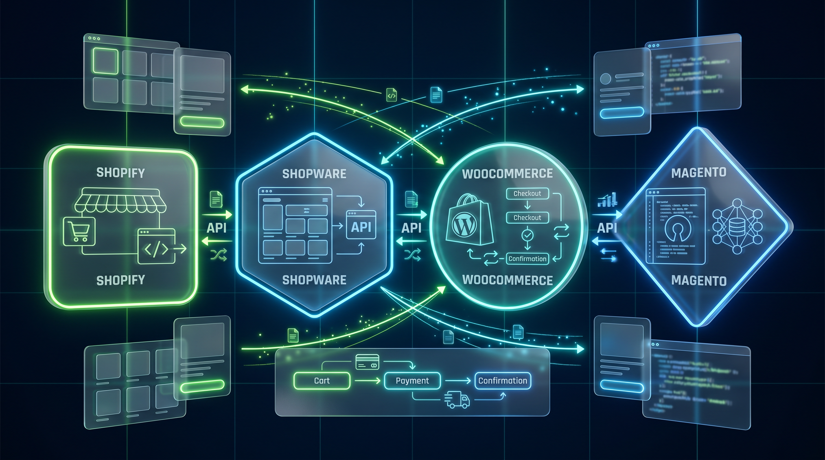 Ecommerce platform comparison 2026: four glassmorphic platform panels for Shopify, Shopware, WooCommerce and Magento in a cyber aesthetic