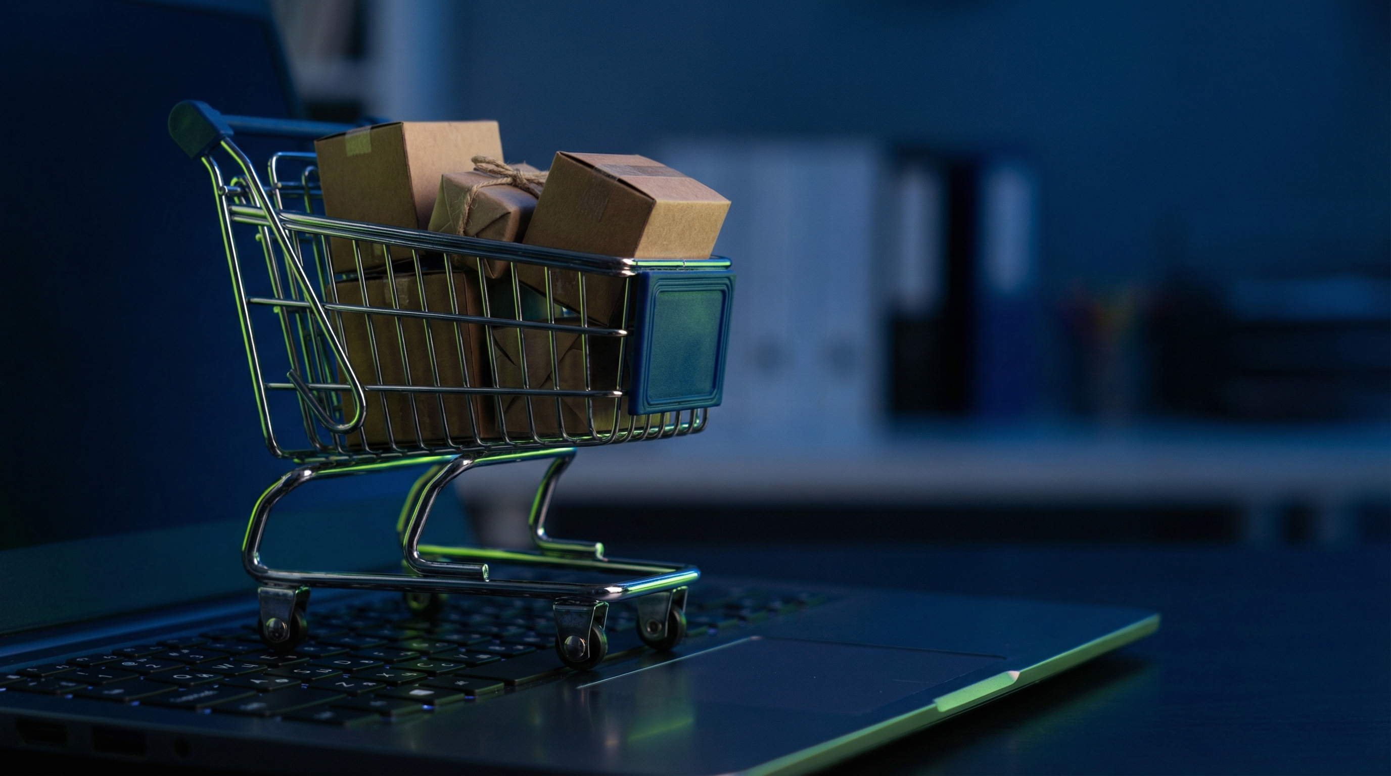 Miniatur-Einkaufswagen mit Paketen auf Laptop-Tastatur - Symbol für Warenkorbabbruch im E-Commerce